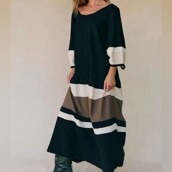 NWT! Free-est Manda Midi Dress | black white brown colorblock stripe print. - Picture 2 of 4